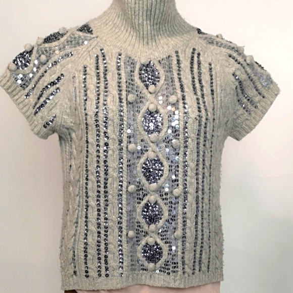 Y2k Vintage Light Grey Pewter Sequins Cable Knit Cap Sleeve Pullover Sweater - Picture 6 of 14